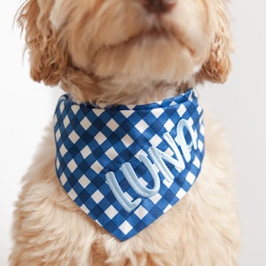 Navy Gingham Dog Bandana with Snaps | Personalized Dog Bandana | Custom Embroidered Pet Scarf | Handmade Gift for Dogs | 4th of July Bandana