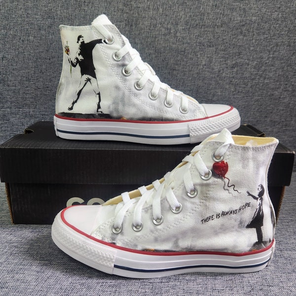 Banksy Art Custom Hand Made Hi Top Chaussures Converse Il y a toujours de l'espoir Girl With Balloon