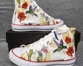 Humming Birds, Floral Chuck Taylor Fan Art Custom Hand Made Hi Top Converse