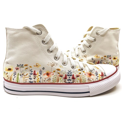 Wild Flowers, Floral Chuck Taylor Fan Art Custom Hand Made Hi Top Converse