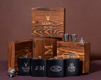 Frasco de cadera personalizado con caja de madera, frasco de cadera personalizado de 6 oz, regalos de padrinos, regalo de despedida de soltero, regalos de fiesta de bodas, propuesta de padrino