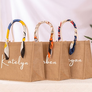 Sacs fourre-tout personnalisés en toile de jute avec écharpe, sacs en jute cadeaux de demoiselle d'honneur, EVJF, fête de mariage, cadeau d'enterrement de vie de jeune garçon, cadeau pour elle