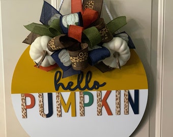 Leopard Hello Pumpkin Door Hanger: Fall Wood Sign