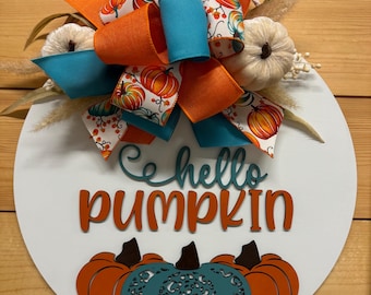Leopard Pumpkin Fall Door Hanger: Hello Pumpkin Wood Sign