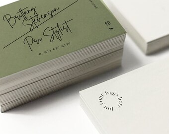 May include: Stack of green and white business cards with the text "Brittany Stevenson Pro Stylist" and phone number "P. 672 627 6277" on the green card. The white card has the text "put your logo here" in a circle.