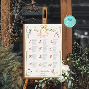 SEATING CHART TEMPLATE | Table Seating Plan ribbon bow wedding reception seating chart, printable seating plan, whimsical hand drawn seating