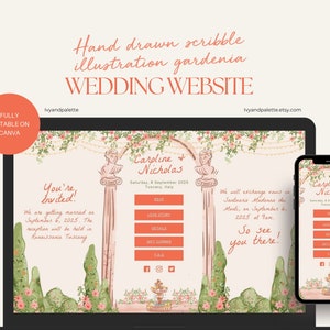 May include: A wedding website template with a hand-drawn illustration of a garden archway with flowers and a fountain. The text "Carpline + Nicholas" is at the top of the page, and the text "You're Invited." is on the left side of the page. The website is fully editable on Canva.