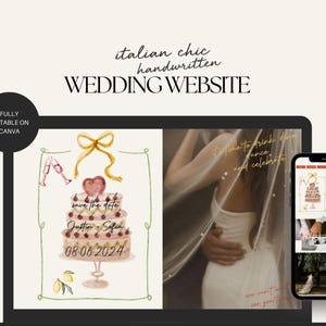 Könnte beinhalten: Eine Hochzeits-Website-Vorlage mit einer Aquarell-Illustration einer Hochzeitstorte mit roten und goldenen Akzenten. Der Text "Save the Date" ist auf der Torte geschrieben, zusammen mit den Namen "Justin & Sofia" und dem Datum "08-06-2024". Die Website ist vollständig editierbar auf Canva.