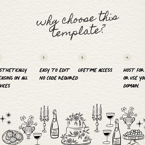 May include: A graphic with four reasons to choose a template. The reasons are: aesthetically pleasing on all devices, easy to edit with no code required, lifetime access, and host for free or use your own domain. The graphic also includes a black and white illustration of a wedding cake, champagne bottles, candles, and wine glasses.