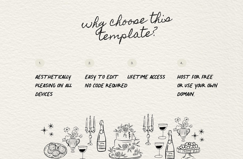 May include: A graphic with four reasons to choose a template. The reasons are: aesthetically pleasing on all devices, easy to edit with no code required, lifetime access, and host for free or use your own domain. The graphic also includes a black and white illustration of a wedding cake, champagne bottles, candles, and wine glasses.