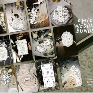Op de afbeelding: Een verzameling zwart-wit trouwbriefpapier, waaronder uitnodigingen, menu's en tafeldecoraties. De zin "Chic Wedding Bundle" staat in witte letters. De tekst "Canva Editable Template" is ook zichtbaar.