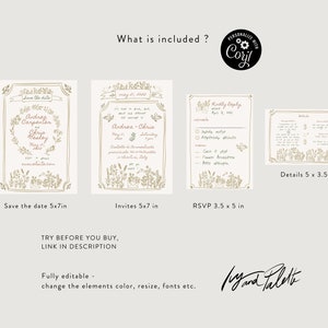 Puede incluir: Un conjunto de papeler&iacute;a de boda imprimible con un tema floral. El conjunto incluye una tarjeta de guardar la fecha, una invitaci&oacute;n, una tarjeta RSVP y una tarjeta de detalles. Las tarjetas est&aacute;n todas en un esquema de color dorado y blanco con un dise&ntilde;o floral dibujado a mano. El texto en las tarjetas est&aacute; en una fuente de escritura. Las tarjetas miden 12,7x17,8 cm y 8,9x12,7 cm.