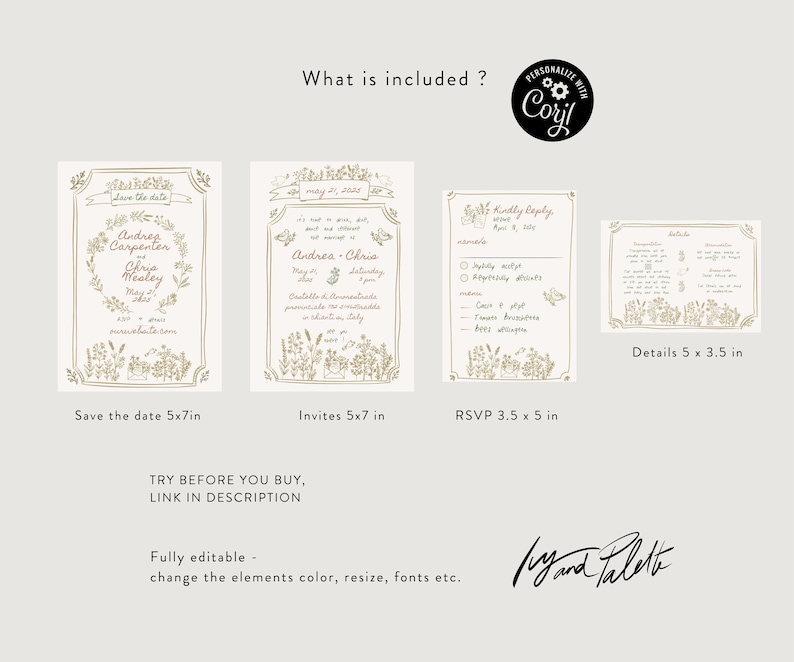 Puede incluir: Un conjunto de papeler&iacute;a de boda imprimible con un tema floral. El conjunto incluye una tarjeta de guardar la fecha, una invitaci&oacute;n, una tarjeta RSVP y una tarjeta de detalles. Las tarjetas est&aacute;n todas en un esquema de color dorado y blanco con un dise&ntilde;o floral dibujado a mano. El texto en las tarjetas est&aacute; en una fuente de escritura. Las tarjetas miden 12,7x17,8 cm y 8,9x12,7 cm.