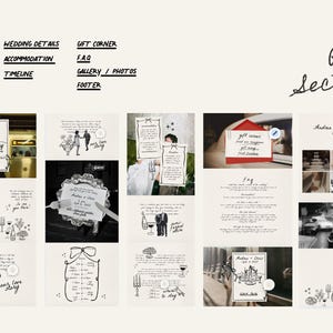 May include: A collage of images showing different sections of a wedding website. The sections include: Home Page, Links, Love Story, Wedding Details, Accommodation, Timeline, Gift Corner, FAQ, Gallery/Photos, and Footer. The images are hand-drawn and feature a variety of wedding-related themes, such as a couple dancing, a wedding cake, and a gift box.