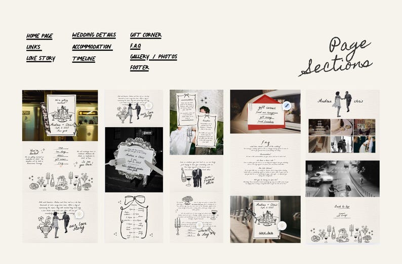 May include: A collage of images showing different sections of a wedding website. The sections include: Home Page, Links, Love Story, Wedding Details, Accommodation, Timeline, Gift Corner, FAQ, Gallery/Photos, and Footer. The images are hand-drawn and feature a variety of wedding-related themes, such as a couple dancing, a wedding cake, and a gift box.