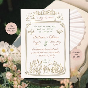 Puede incluir: Una invitaci&oacute;n de boda con un borde floral y el texto "May 21, 2025" en la parte superior. La invitaci&oacute;n es para la boda de Andrea y Chris, que se celebrar&aacute; el s&aacute;bado 21 de mayo de 2025 a las 15:00 horas en el Castello di Amorestrada en Chianti, Italia.