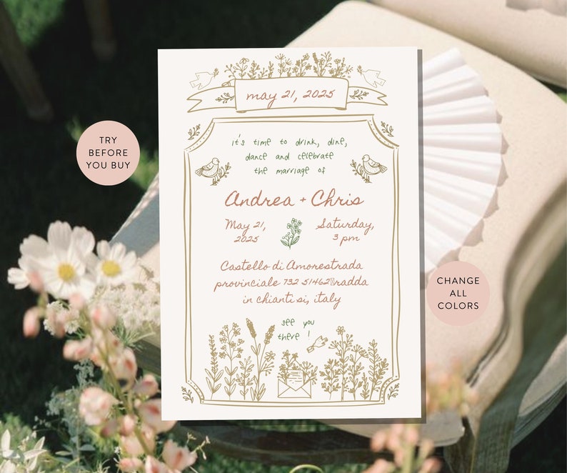 Puede incluir: Una invitaci&oacute;n de boda con un borde floral y el texto "May 21, 2025" en la parte superior. La invitaci&oacute;n es para la boda de Andrea y Chris, que se celebrar&aacute; el s&aacute;bado 21 de mayo de 2025 a las 15:00 horas en el Castello di Amorestrada en Chianti, Italia.