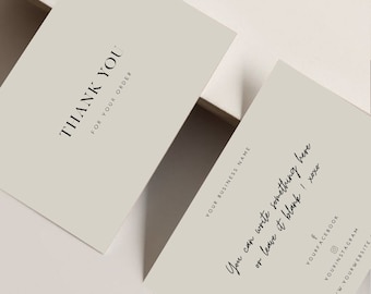 May include: A beige thank you card with the text "THANK YOU FOR YOUR ORDER" and a space for a business name. The card also includes the text "You can write something here or leave it blank! xoxo" and social media icons.