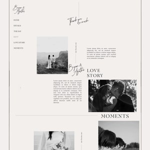 May include: A black and white wedding website featuring the couple's names, "Bryan & Agathe", in cursive script. The website includes sections for home, details, the day, RSVP, love story, and moments. Each section showcases a black and white photograph of the couple.