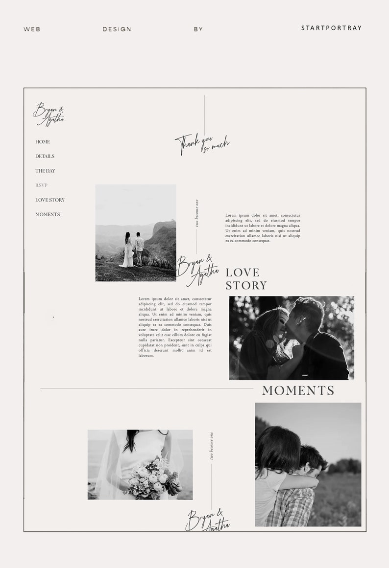 May include: A black and white wedding website featuring the couple's names, "Bryan & Agathe", in cursive script. The website includes sections for home, details, the day, RSVP, love story, and moments. Each section showcases a black and white photograph of the couple.