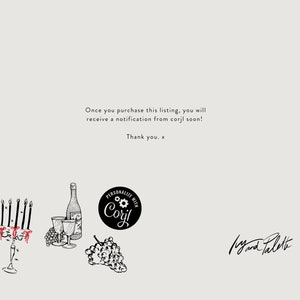 Puede incluir: Ilustraci&oacute;n en blanco y negro de una botella de vino, dos copas de vino, un racimo de uvas y un candelabro con seis velas. La ilustraci&oacute;n est&aacute; rodeada de texto que dice "Once you purchase this listing, you will receive a notification from corjl soon! Thank you. x" y "PERSONALIZE WITH Corjl" y "My and Palette".