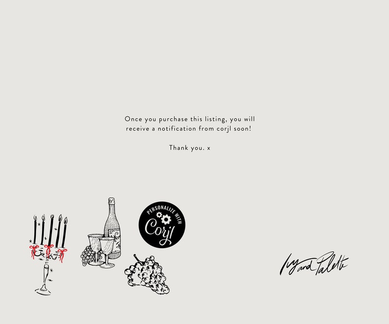 Puede incluir: Ilustraci&oacute;n en blanco y negro de una botella de vino, dos copas de vino, un racimo de uvas y un candelabro con seis velas. La ilustraci&oacute;n est&aacute; rodeada de texto que dice "Once you purchase this listing, you will receive a notification from corjl soon! Thank you. x" y "PERSONALIZE WITH Corjl" y "My and Palette".