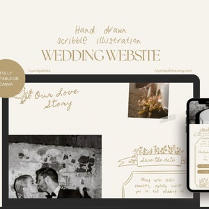 Canva Hochzeitswebsite Vorlage, Handgezeichnete minimalistische ästhetische Hochzeitswebsite, Speichern Sie die Datumsvorlage Canva Website Hochzeit Antwortrecht | 006