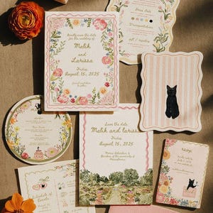 Semi Custom Wedding Invitation Suite | Watercolor Florals | Custom Venue Illustration | Pet Portrait | Die Cut | Canva Template