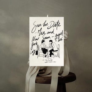 Benutzerdefinierte Portrait Zeichnung für Hochzeit einladen, Paar Zeichnung Save the Date Einladung benutzerdefinierte handgeschriebene, Hand gezeichnete, lustige wunderliche Antwort