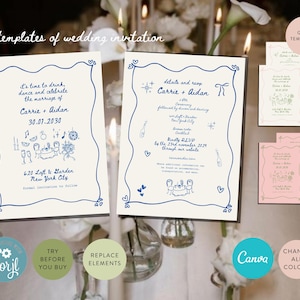 May include: Three wedding invitation templates with blue and white borders. The first template says "It's time to drink, dance and celebrate. The marriage of Carrie + Aidan 30.01.2030 620 Loft & Garden New York City Formal invitation to follow". The second template says "Details and RSVP Carrie + Aidan Ceremony followed by dinner and dancing 620 Loft & Garden New York City Dinner drinks Kindly RSVP by the 23rd November 2019 through our website Carrie + Aidan". The third template is a blank template.