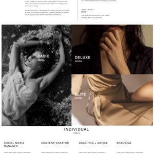 May include: A website for a social media manager, content creator, coach, and branding expert. The website features a black and white photo of a woman's legs and feet, and a black and white photo of a woman's hand. The website also features a section for each service, with a description of the service and the price.