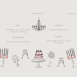 Puede incluir: Ilustraci&oacute;n en blanco y negro de un dise&ntilde;o de invitaci&oacute;n de boda con una l&aacute;mpara de ara&ntilde;a, velas, langosta, copas de champ&aacute;n, un pastel, una bola de discoteca y flores. El texto "Agregar, eliminar, mover, cambiar el tama&ntilde;o, rotar, cambiar el color y el peso" est&aacute; incluido en la imagen.