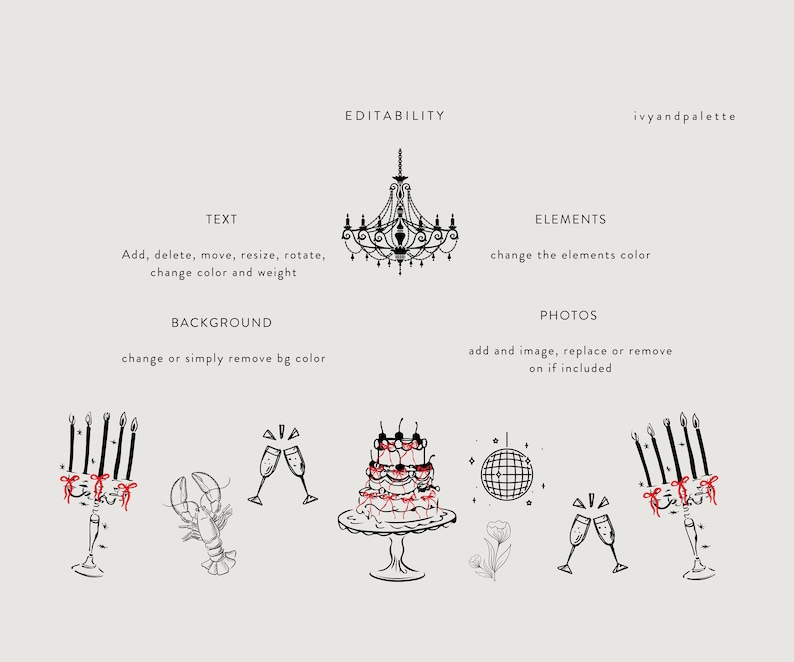 Puede incluir: Ilustraci&oacute;n en blanco y negro de un dise&ntilde;o de invitaci&oacute;n de boda con una l&aacute;mpara de ara&ntilde;a, velas, langosta, copas de champ&aacute;n, un pastel, una bola de discoteca y flores. El texto "Agregar, eliminar, mover, cambiar el tama&ntilde;o, rotar, cambiar el color y el peso" est&aacute; incluido en la imagen.