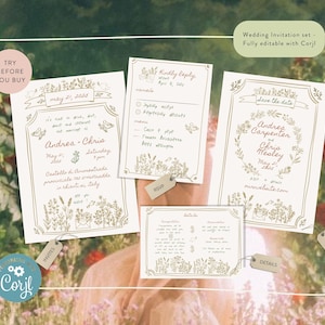 Puede incluir: Un conjunto de invitaciones de boda imprimibles con un tema floral. Las invitaciones presentan un borde dorado con un dise&ntilde;o floral y el texto "Andrea & Chris" en una fuente de escritura a mano. Las invitaciones son totalmente editables con Corjl.