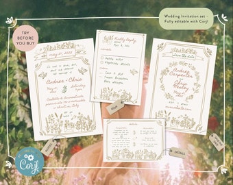May include: A set of printable wedding invitations with a floral theme. The invitations feature a gold border with a floral design and the text "Andrea & Chris" in a handwritten font. The invitations are fully editable with Corjl.