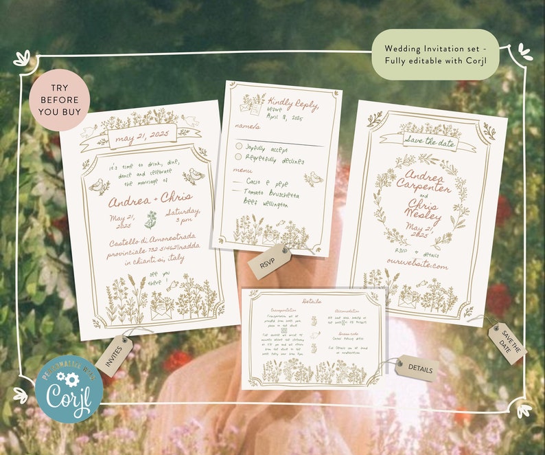 Puede incluir: Un conjunto de invitaciones de boda imprimibles con un tema floral. Las invitaciones presentan un borde dorado con un dise&ntilde;o floral y el texto "Andrea & Chris" en una fuente de escritura a mano. Las invitaciones son totalmente editables con Corjl.