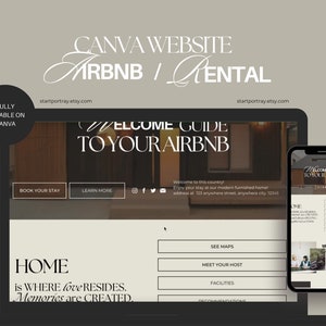 May include: A laptop and a smartphone displaying a website mockup for an Airbnb rental. The website features a welcome guide, a booking button, and information about the rental property. The text on the website reads "Welcome Guide to Your Airbnb".
