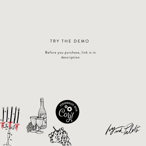 Puede incluir: Ilustraci&oacute;n en blanco y negro de una botella de vino, dos copas de vino, un racimo de uvas, un candelabro con velas y un logotipo que dice "Personalizar con Coril". El texto "Probar la demo" y "Antes de comprar, el enlace est&aacute; en la descripci&oacute;n" tambi&eacute;n est&aacute; incluido en la imagen.