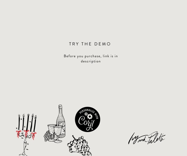 Puede incluir: Ilustraci&oacute;n en blanco y negro de una botella de vino, dos copas de vino, un racimo de uvas, un candelabro con velas y un logotipo que dice "Personalizar con Coril". El texto "Probar la demo" y "Antes de comprar, el enlace est&aacute; en la descripci&oacute;n" tambi&eacute;n est&aacute; incluido en la imagen.