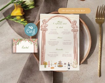 May include: A pink and white menu card with a floral archway design. The menu is for a wedding on September 8th, 2025. The menu includes options for appetizers, mains, and desserts.