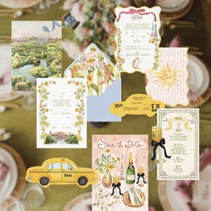 May include: A collection of illustrated wedding stationery, including invitations, RSVP cards, and a "Save the Date" card. The designs feature floral motifs, a yellow taxi, and champagne glasses. The color palette includes soft pinks, yellows, and greens.