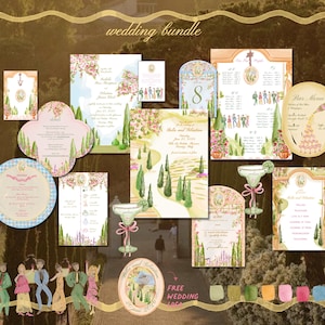 Luxury Watercolor Wedding Invitation Suite Template Tuscany Italy Editable Digital Bundle Customizable Boho Printable Set Italian Whimsical