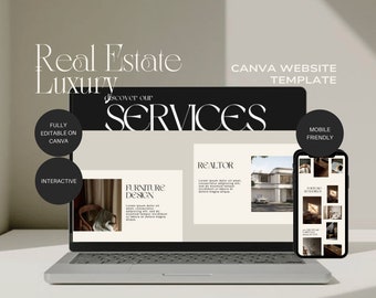 May include: A laptop computer displaying a website template for real estate services. The website is designed in a minimalist style with black and white text and images. The website is fully editable on Canva and is mobile friendly. The text on the website reads "Real Estate Luxury", "Discover Our Services", "Fully Editable on Canva", "Interactive", "Realtor", "Furniture Design", "Mobile Friendly", and "Canva Website Template".