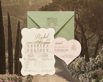 May include: A wedding invitation with a cream background and a brown illustration of a couple standing in front of a building. The text "Rachel and Bryan" is written in brown cursive script. The invitation also includes a pink heart-shaped card with the text "Details" and information about the wedding.
