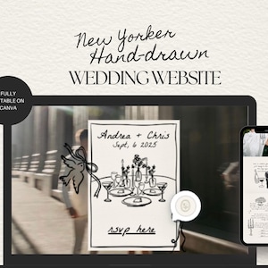 May include: A black and white hand-drawn illustration of a wedding invitation with the text "Andrea + Chris Sept. 6 2025" and "rsvp here". The illustration depicts a table setting with two glasses, plates, and flowers.