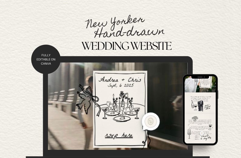 May include: A black and white hand-drawn illustration of a wedding invitation with the text "Andrea + Chris Sept. 6 2025" and "rsvp here". The illustration depicts a table setting with two glasses, plates, and flowers.