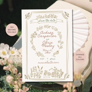 Puede incluir: Tarjeta de guardar la fecha con un dise&ntilde;o de corona floral. La tarjeta es blanca con letras doradas y una corona floral marr&oacute;n. El texto dice "Save the date", "Andres Carpenter y Chris Wesley", "May 21, 2025", "RSVP + details ourwebsite.com".