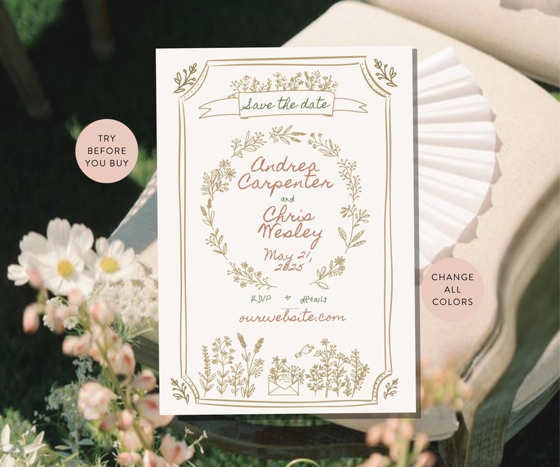 Puede incluir: Tarjeta de guardar la fecha con un dise&ntilde;o de corona floral. La tarjeta es blanca con letras doradas y una corona floral marr&oacute;n. El texto dice "Save the date", "Andres Carpenter y Chris Wesley", "May 21, 2025", "RSVP + details ourwebsite.com".