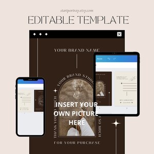 May include: Editable template for a thank you card with a brown background and a circle with the text "Your Brand Studio" and the text "Insert Your Own Picture Here" in a white archway. The template includes a photo of a person's feet walking on a sandy beach.