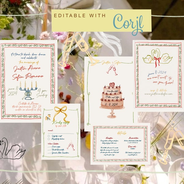 Wedding invitation set | SAVE THE DATE template | ribbon hand drawn scribble illustrations handwritten invite | Italian whimsical invitation